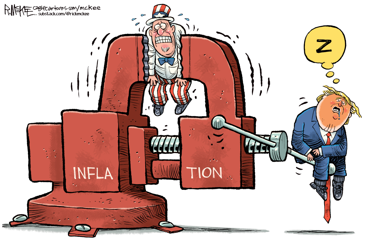 Uncle Sam is trapped inside a giant vice labeled &amp;ldquo;Inflation.&amp;rdquo; Donald Trump sits on the crank for the vice, sleeping, unable to turn it.