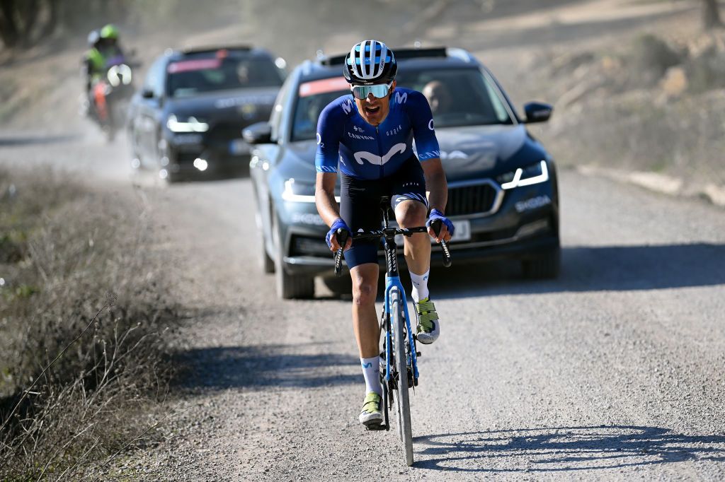 BAEZA SPAIN FEBRUARY 13 Sergio Samitier of Spain and Movistar Team competes in the breakaway during the 2nd Clasica Jaen Paraiso Interior 2023 a 1789km one day race from beda to Baeza 752m ClsicaJan23 on February 13 2023 in Baeza Spain Photo by Dario BelingheriGetty Images