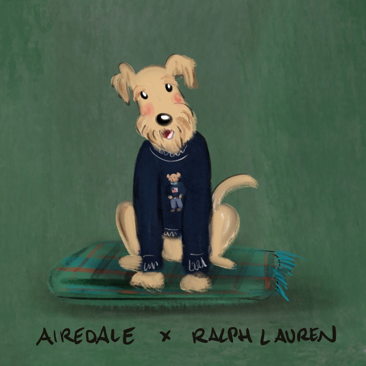 A series of twelve illustrated animals styled as luxury fashion designers: an Afghan hound in a slouchy blush Chlo&amp;eacute; coat; an Airedale Terrier in a navy Ralph Lauren sweater on a tartan blanket; a beagle carrying a classic Louis Vuitton handbag while wearing a monogrammed scarf; an English bulldog in a chunky cream Connolly jumper with green gloves beside it; a Birman cat in a pink Chanel jacket layered with pearls; a corgi standing proudly on an orange Herm&amp;egrave;s box with a silk scarf and pink Birkin-style bag; a long-haired dachshund in a soft cream Brunello Cucinelli cardigan; a Dalmatian posing in a dramatic Dior hat with a veil and a black umbrella; a fox red Labrador wearing a Burberry check headscarf; a poodle strutting in oversized Celine sunglasses and a gold medallion necklace; a Springer spaniel wrapped in an oversized green Barbour jacket beside wellington boots; and a Weimaraner in a sleek black Giorgio Armani turtleneck and dark sunglasses.