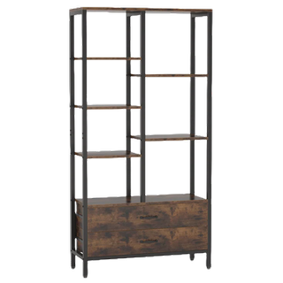 a bookcase with 5 shelves and 2 drawers for storage