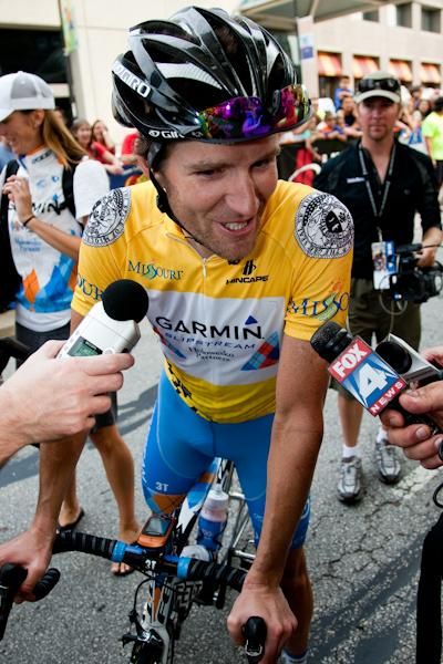 Dave Zabriskie (Garmin-Slipstream) does a quick interview after crossing the finish line.