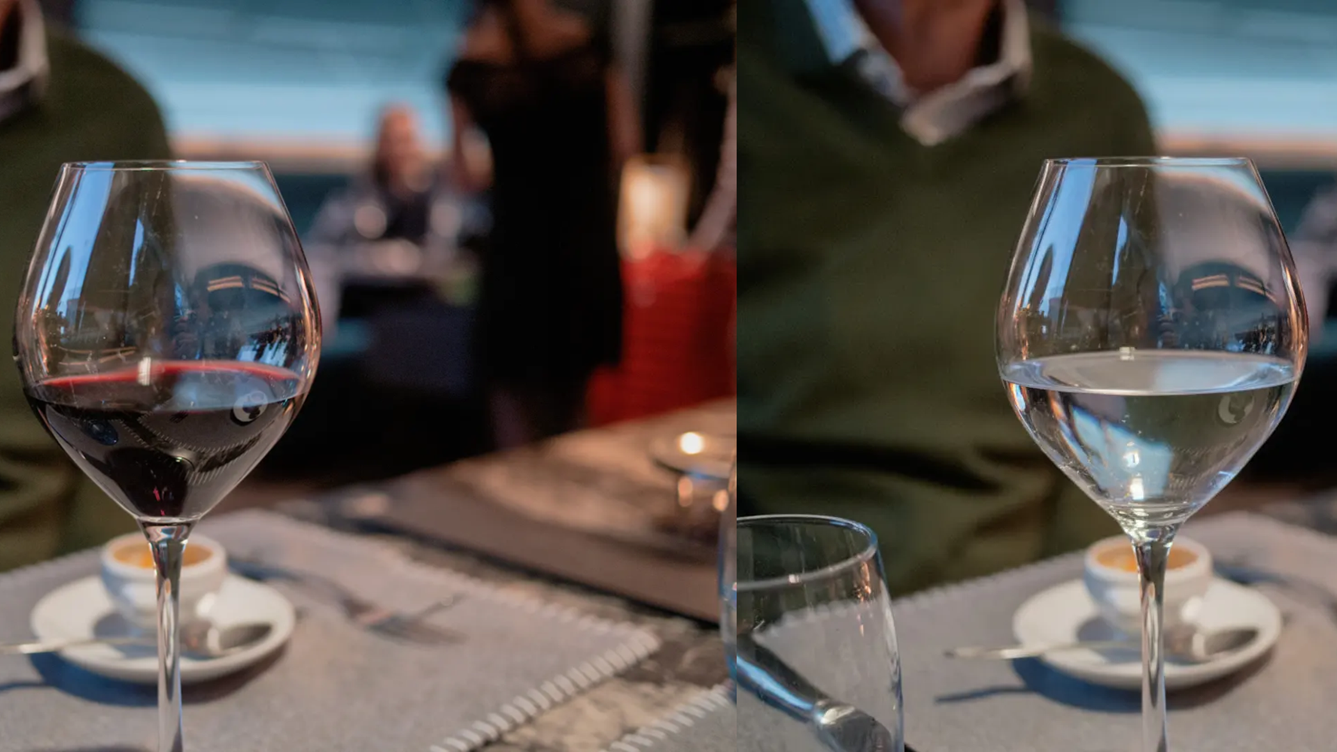 An image of wine in a wine glass beside and image where the wine has been turned into water using Nano Banana AI on Camera Intelligence Caira camera