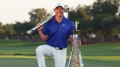 Rory McIlroy celebrates winning the 2024 Race To Dubai on the DP World Tour