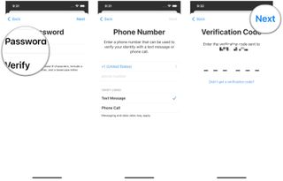 Create a new Apple ID on iPhone by showing: Create a password, verify the password, input a phone number to get a verification code, input the verification code