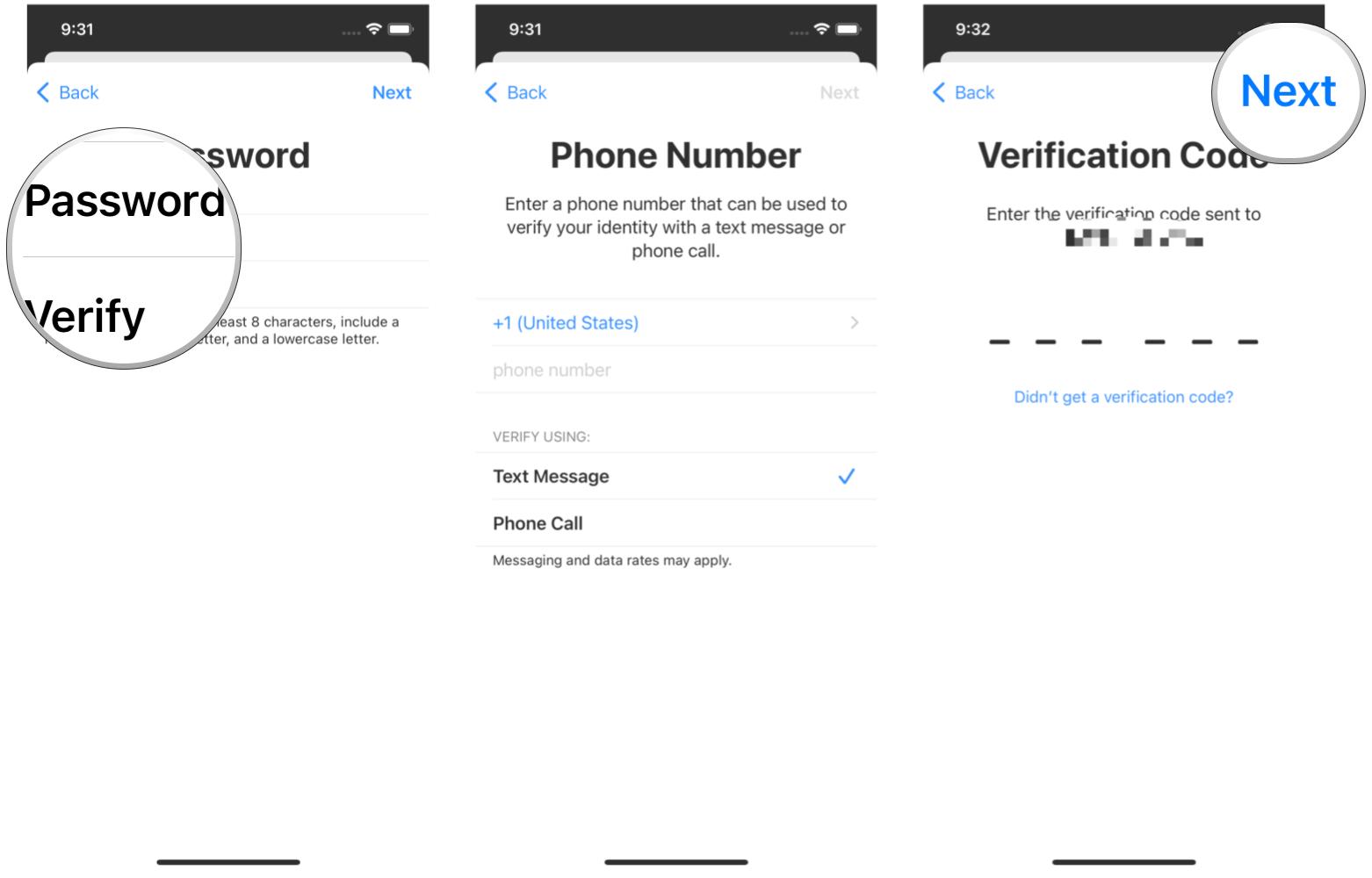 Erstellen Sie eine neue Apple-ID auf dem iPhone, indem Sie Folgendes anzeigen: Erstellen Sie ein Passwort, überprüfen Sie das Passwort, geben Sie eine Telefonnummer ein, um einen Bestätigungscode zu erhalten, geben Sie den Bestätigungscode ein