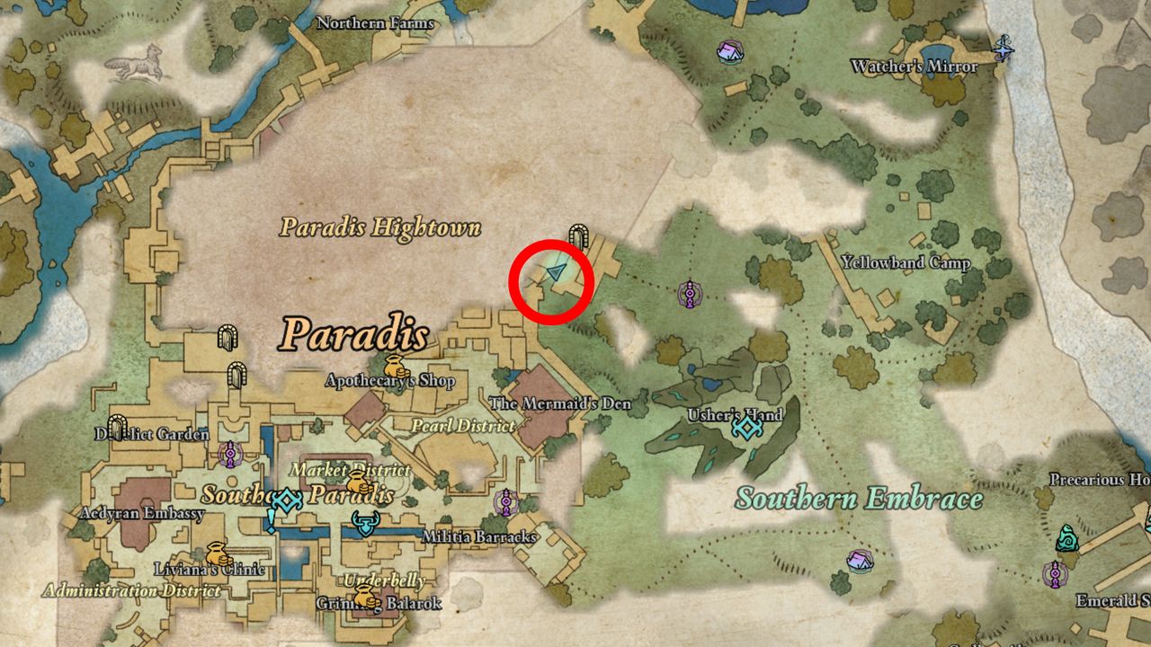 Avowed Woedica's Inheritance treasure map location - A map showing the location of the treasure outside Paradis in Dawnshore.