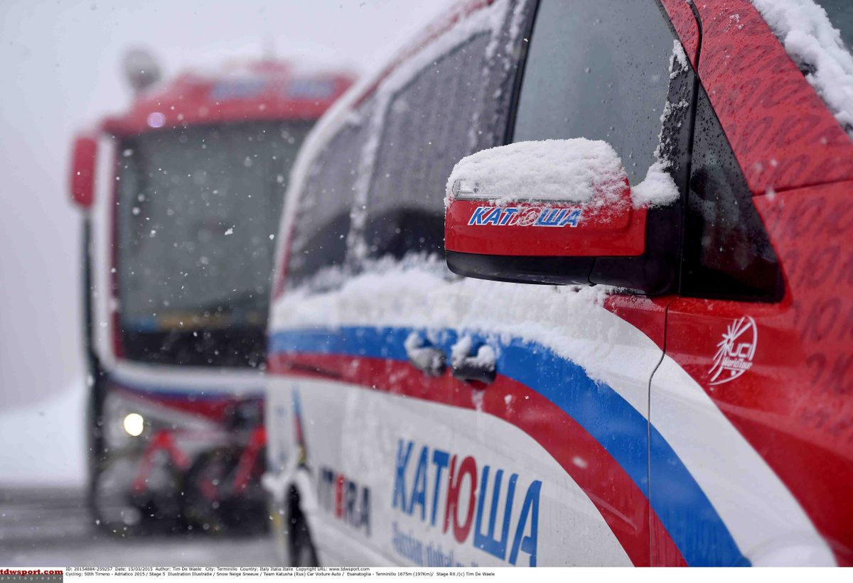 A snow covered wing mirror on a Katusha car