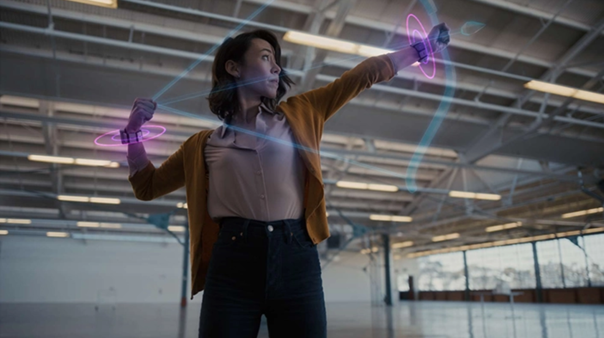 A woman using Facebook&amp;#039;s wrist controls for augmented reality 