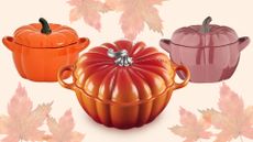composite of aldis, sainsbury's and Le creuset's pumpkin casserole dishes