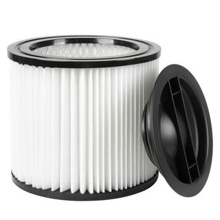 A white pleated paper cartridge vacuum filter with black rims and top