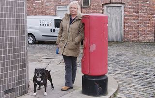 Sue bravely stands between George Paws and the Corrie post box!