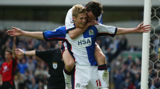 BLACKBURN, ENGLAND - MAY 1: Jonathan Stead of Blackburn Rovers celebrates scoring their winning goal during the FA Barclaycard Premiership match between Blackburn Rovers and Manchester United at Ewood Park on May 1, 2004 in Blackburn, England.
