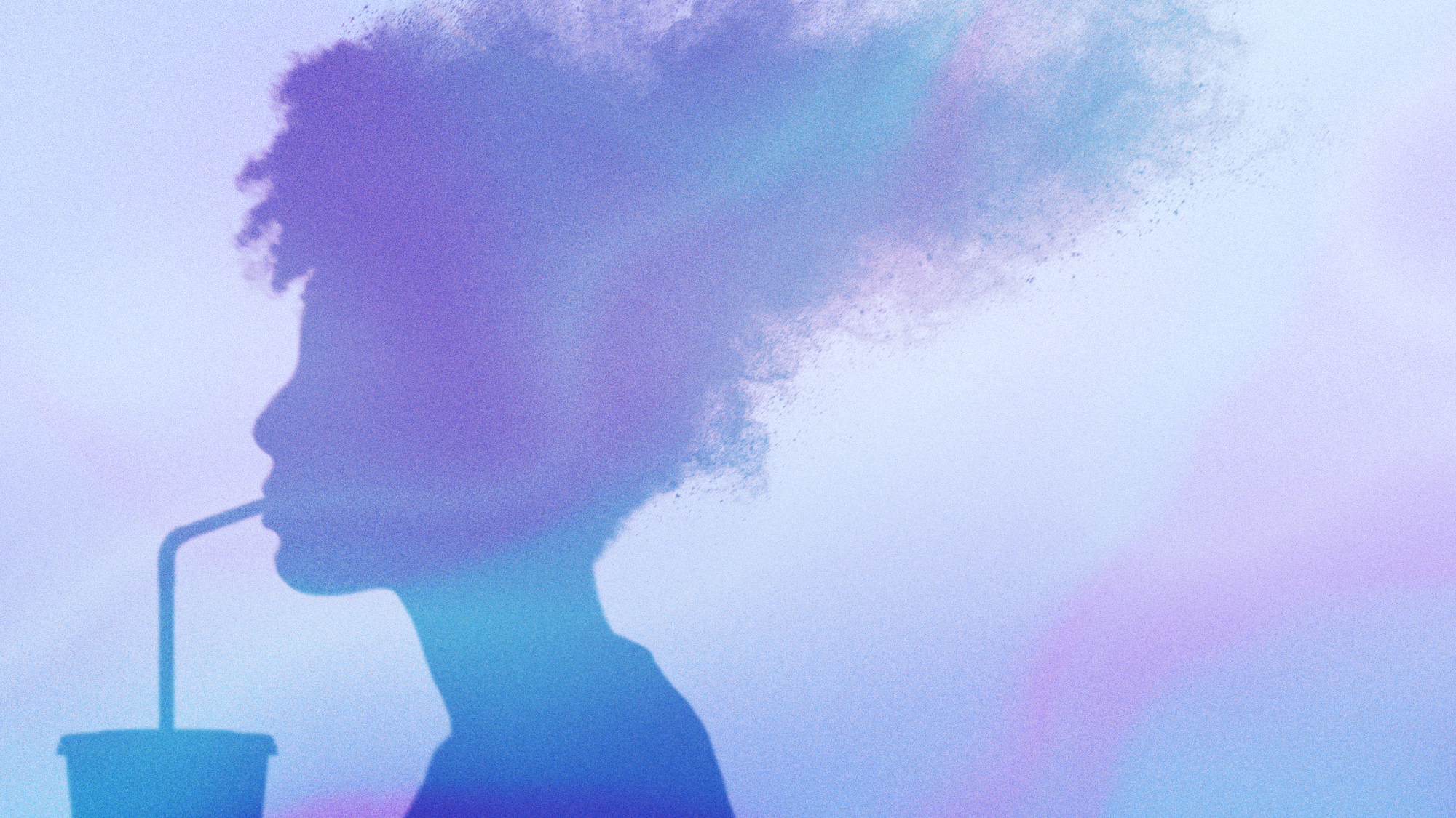Illustration of a woman drinking diet soda as her mind dissolves into plumes of smoke
