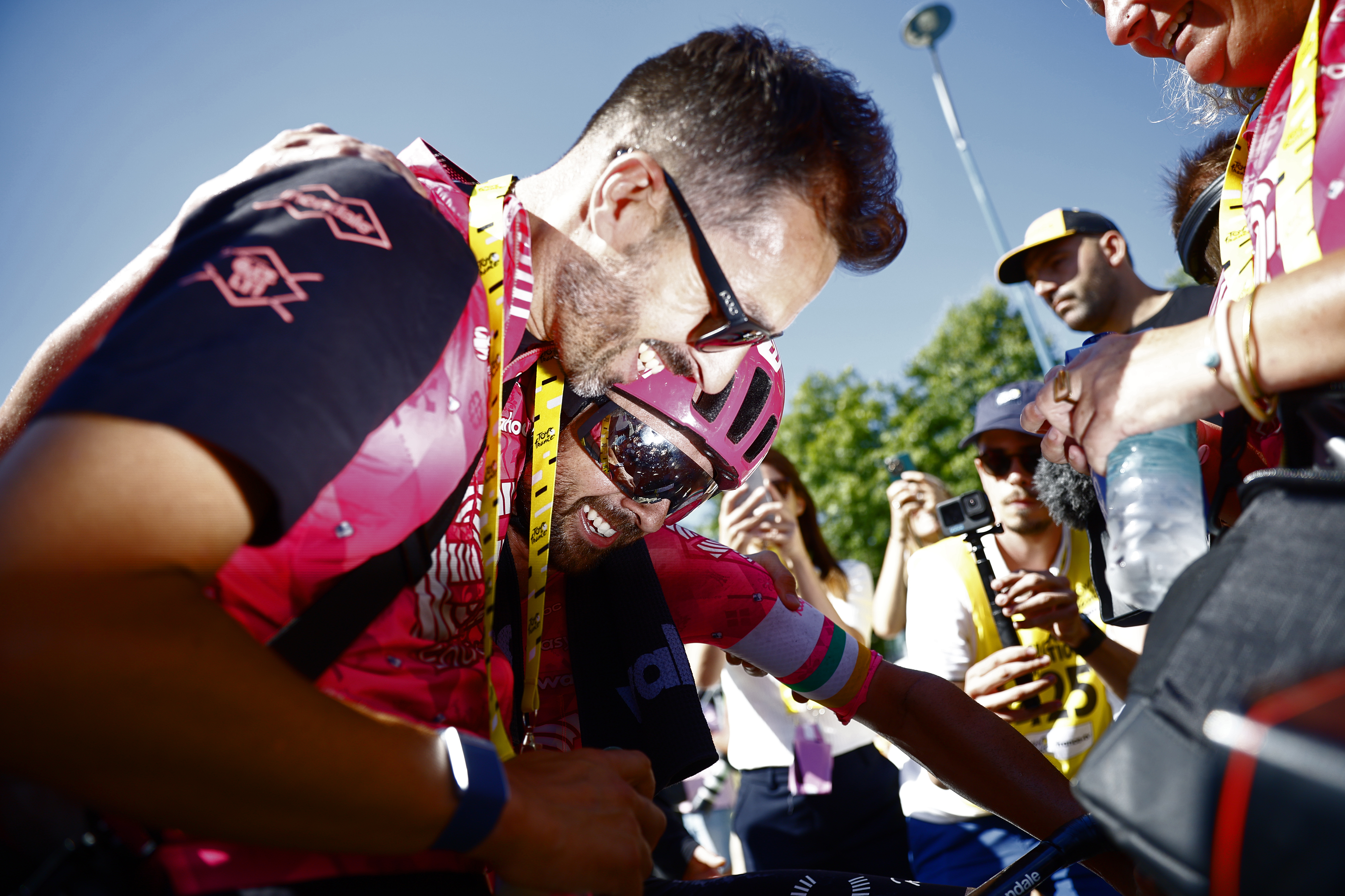 VIRE NORMANDIE, FRANCE - JULY 10: Stage winner Ben Healy of Ireland and Team EF Education - EasyPost reacts after the 112th Tour de France, Stage 6 a 201.5km stage from Bayeux to Vire Normandie / #UCIWT / on July 10, 2025 in Vire Normandie, France. (Photo by Martin Divisek - Pool/Getty Images)