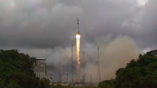 An Arianespace Soyuz rocket launches the OneWeb 13 mission from the Guiana Space Center in French Guiana, on Feb. 10, 2022.