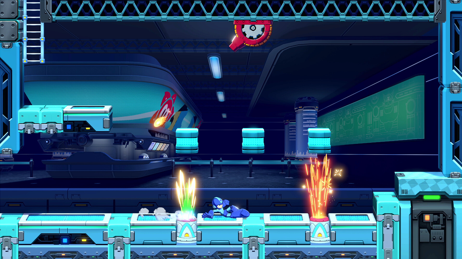 Mega Man Dual Override screenshot shows Mega Man sliding across a futuristic platform