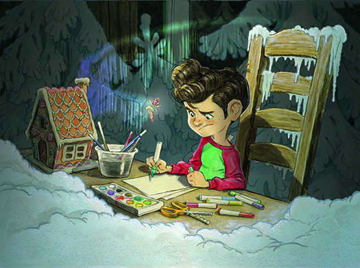 Book illustrations; A boy drawing at a desk in the snow