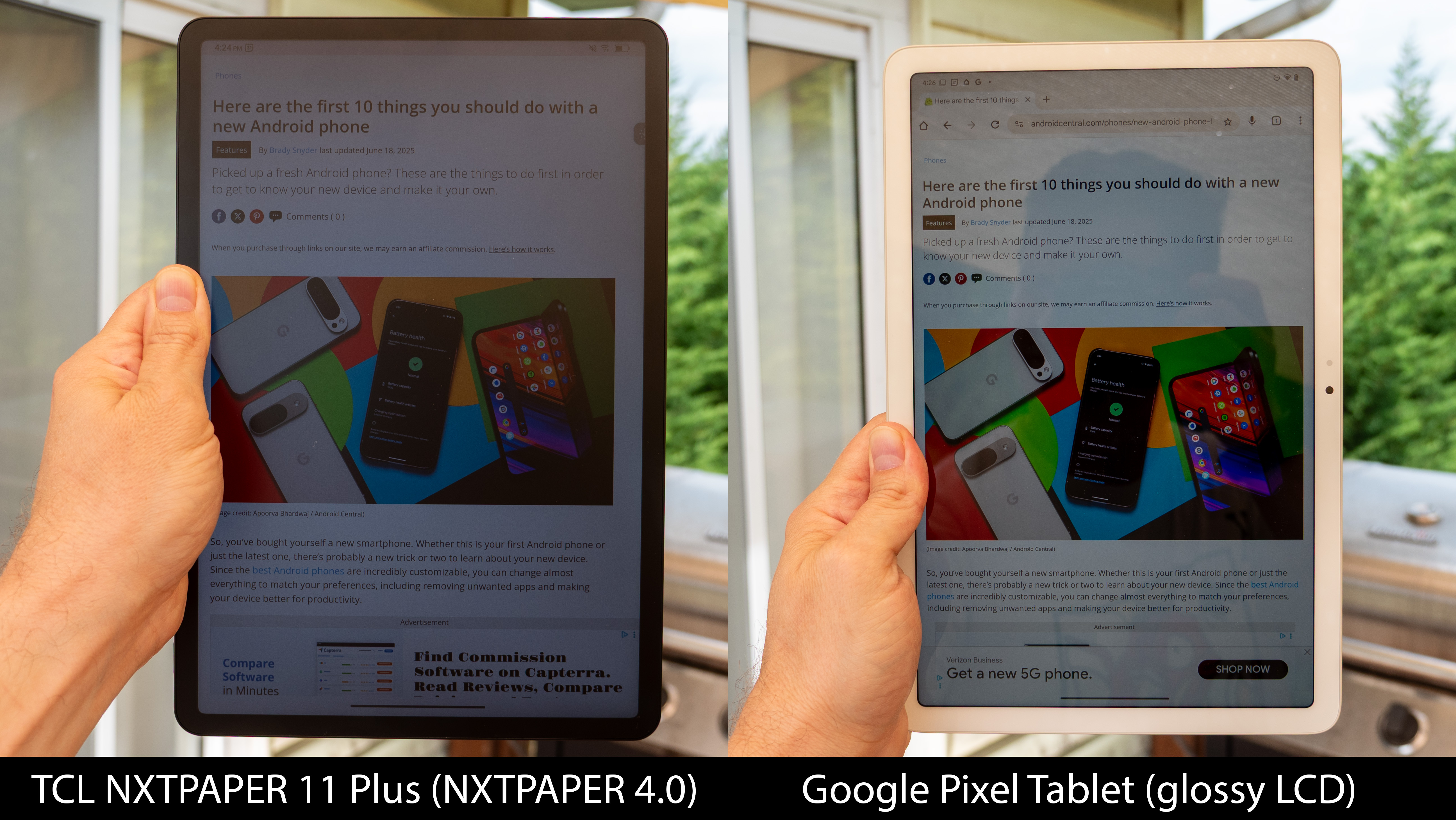 Comparing outdoor viewability between the TCL NXTPAPER 11 Plus's matte screen and the Google Pixel Tablet's glossy screen