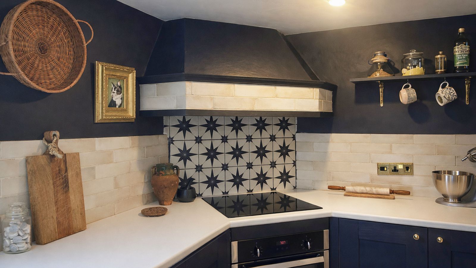 Moody navy kitchen corner with white counters, star-tile backsplash, vintage art, wood boards, brass details, and neatly styled open shelf mugs.