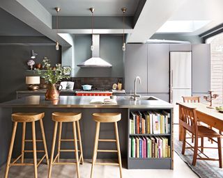 Gray open plan kitchen example with a skylight and built in breakfast bar.