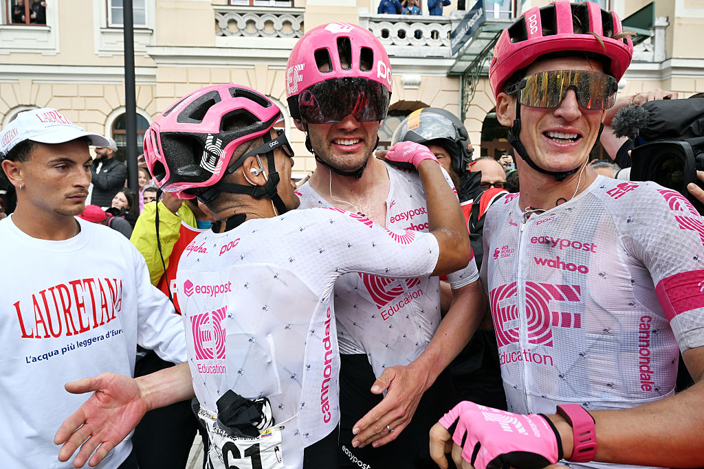 NOVA GORICA ITALY MAY 24 Stage winner Kasper Asgreen of Denmark and Team EF Education EasyPost C celebrates the victory with his teammates Richard Carapaz of Ecuador L and Mikkel Frolich Honore of Denmark R after the 108th Giro dItalia 2025 Stage 14 a 195km stage from Treviso to Nova Gorica UCIWT on May 24 2025 in Nova Gorica Italy Photo by Dario BelingheriGetty Images