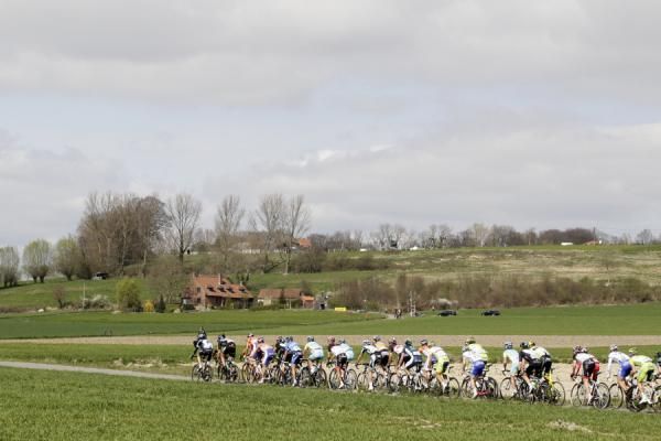The peloton works its way through the Belgian fields