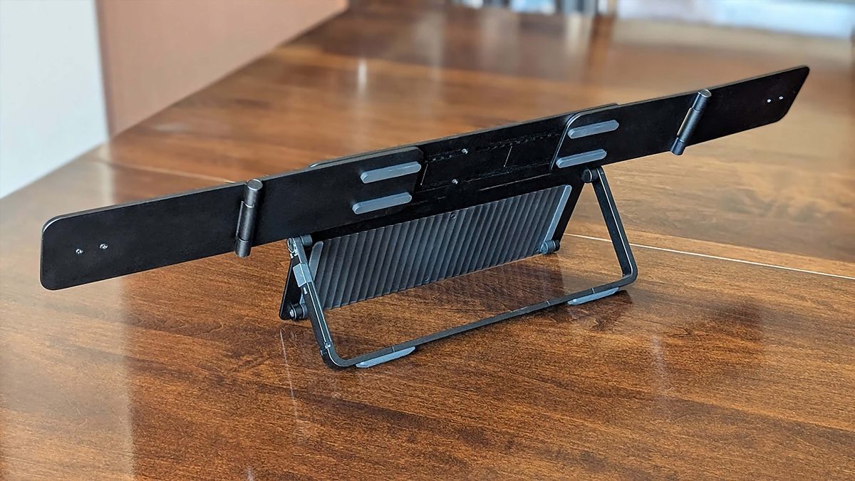 The JSAUX FlipGo Horizon stand set up with wings outstreched to hold two monitors.