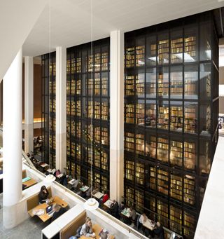 Glass-walled structure containing the priceless book collection of King George III.