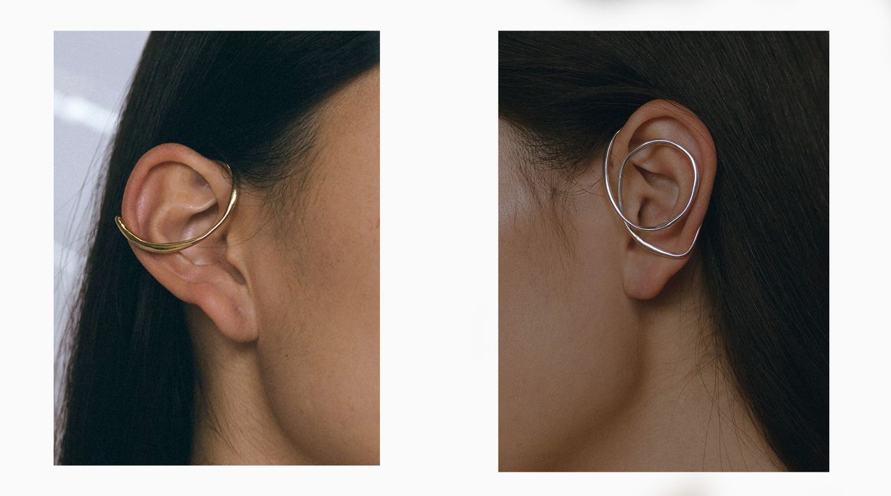 Two images of woman&#039;s earrings for unpierced ears. Left, Phase ear cuff and right, Swerve ear cuff both by Faris