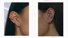 Two images of woman's earrings for unpierced ears. Left, Phase ear cuff and right, Swerve ear cuff both by Faris