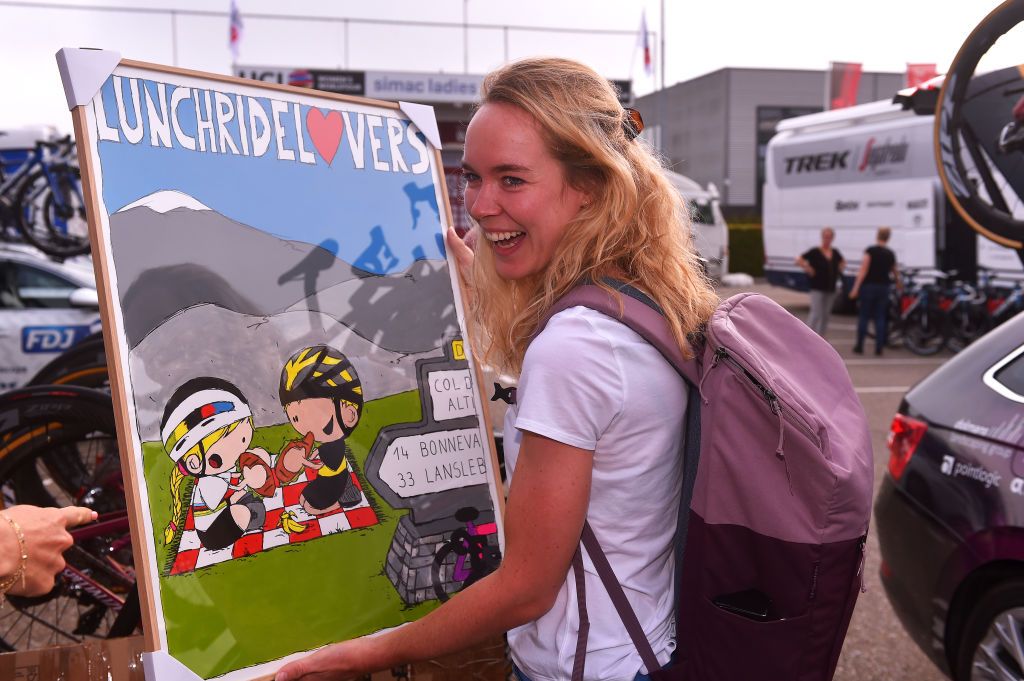HARDENBERG NETHERLANDS AUGUST 25 Anna van der Breggen of Netherlands and Team SD Worx honored on the starting by her Teammates on the occasion of her birthday prior to the 23rd Simac Ladies Tour 2021 Stage 1 a 1344km stage from Zwolle to Hardenberg SLT2021 UCIWWT on August 25 2021 in Hardenberg Netherlands Photo by Luc ClaessenGetty Images