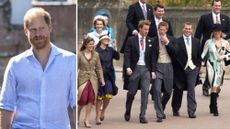 A composite of a picture of Prince Harry in 2026 and a picture of him, Zara, William, Eugenie, Beatrice and Peter in 2005