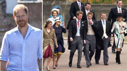 A composite of a picture of Prince Harry in 2026 and a picture of him, Zara, William, Eugenie, Beatrice and Peter in 2005