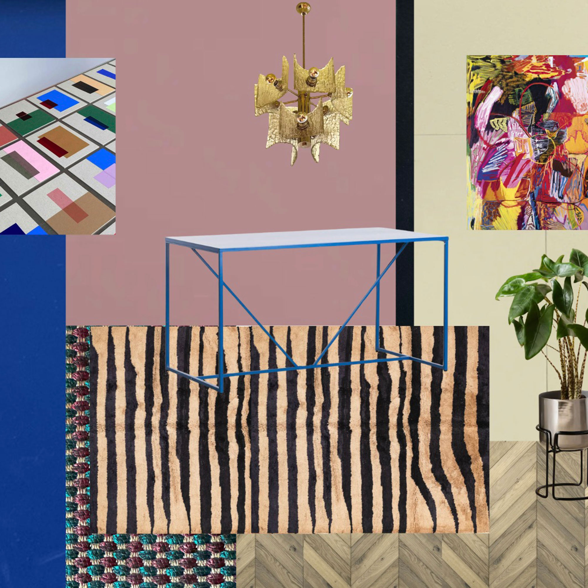 Moodboard showing home office inspiration, including tiger print, wooden parquet flooring, houseplant, minimal desk and colourful abstract artwork