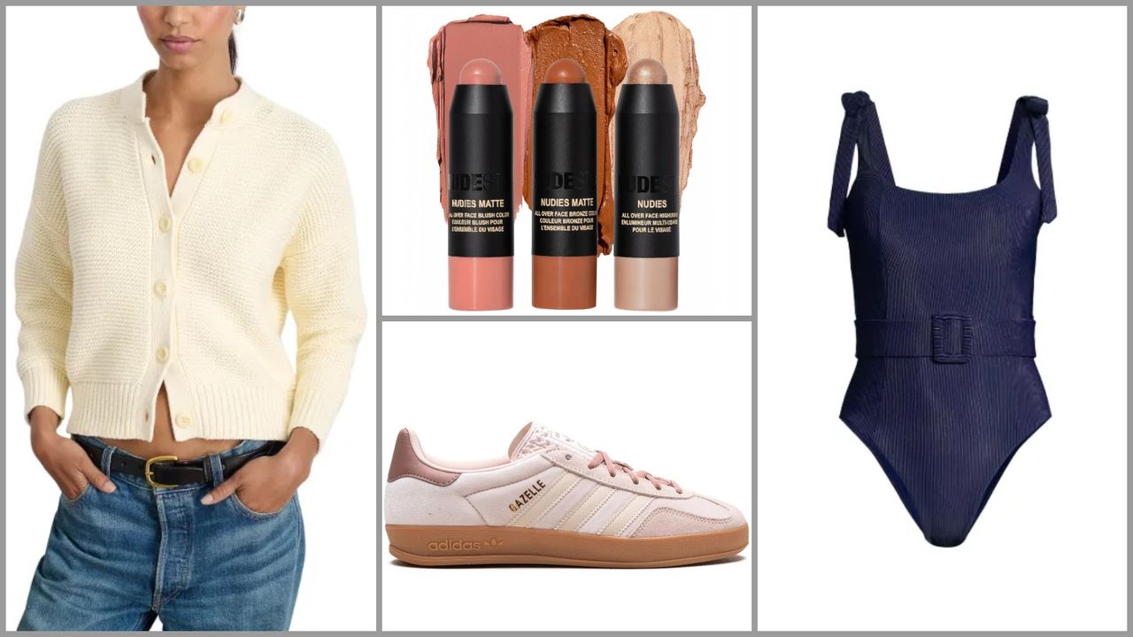 product collage of NUDESTIX Mini Soft &amp; Warm Nudes 3-Piece Kit, Beach Riot Sydney Ribbed One-Piece Swimsuit, Alex Mill Nico Crewneck Cotton Cardigan, adidas Gazelle Indoor Sneakers on white background with grey border