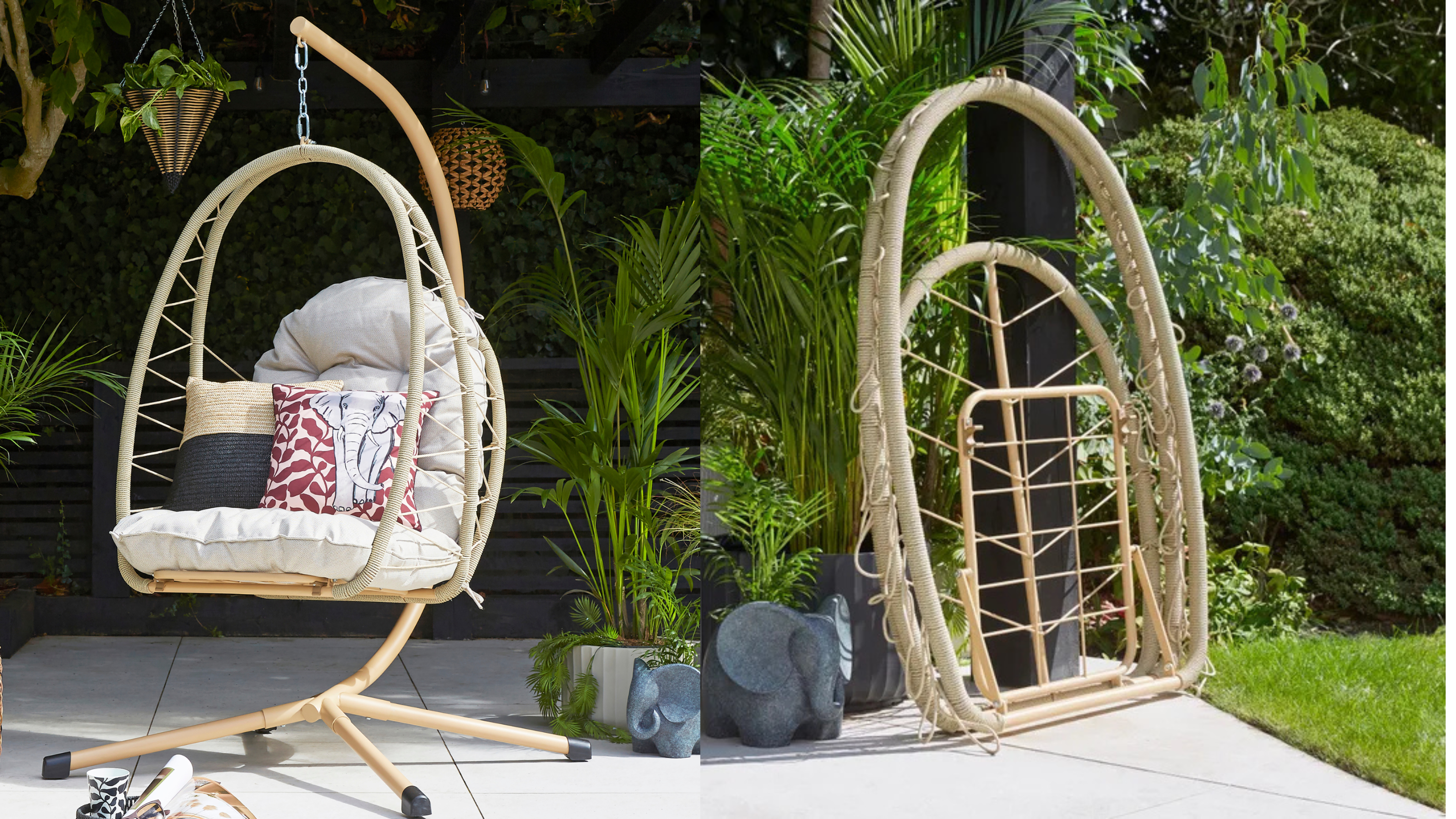 2 images. On the left, the Dunelm Sydney on a aptio. On the right, the chair is folded.