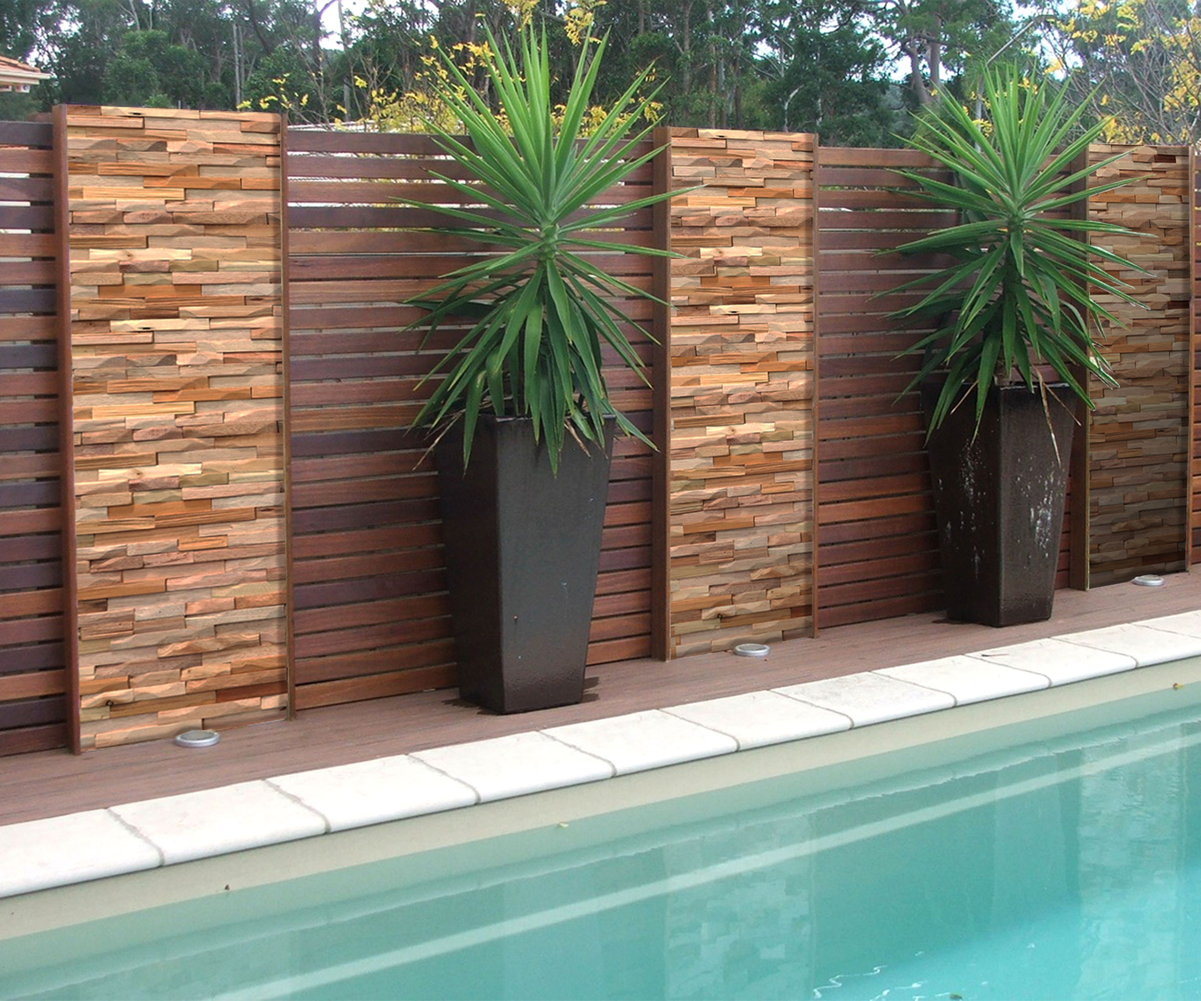 dark walnut fence panels with hardwood tiled panels in between surrounding swimming pool
