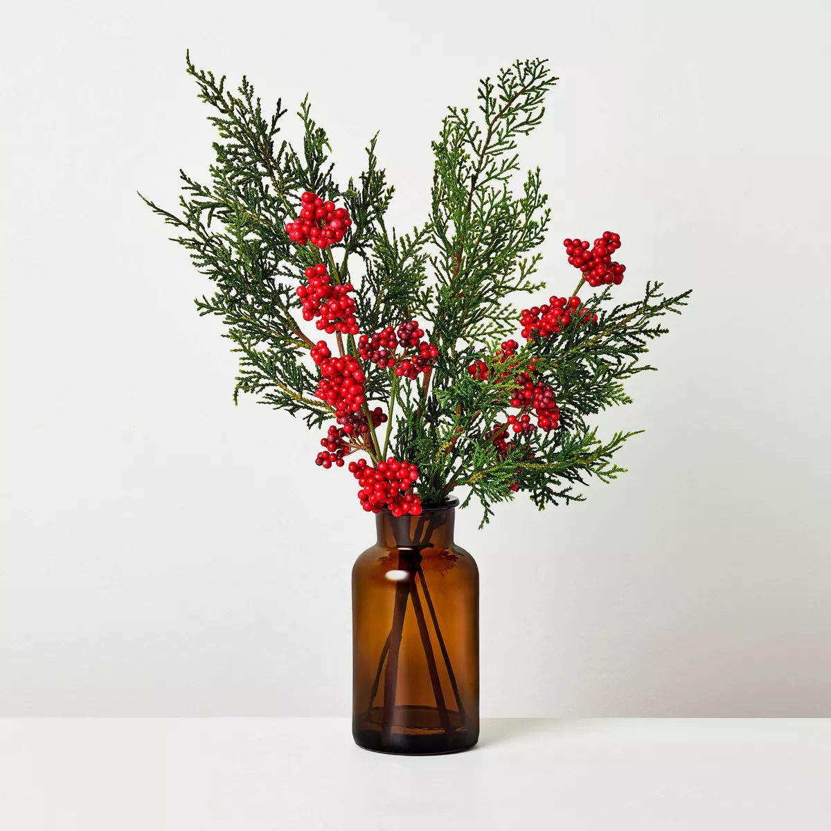 15u0026#34; Medium Cypress and Red Berry in Amber Vase Artificial Arrangement - Hearth U0026#38; Handu0026#8482; With Magnolia
