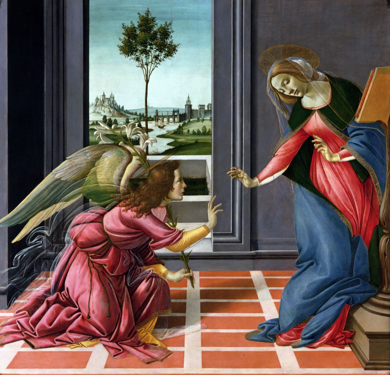 The Annunciation, also known as the Cestello Annunciation, a tempera painting by the Italian Renaissance master Sandro Botticelli (about 1445–1510). Painted 1489–90; 4ft 9in by 5ft 1in, Uffizi, Florence, Italy.