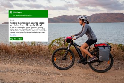 A woman on an e-bike by the coast with an embedded screenshot of a uk government petition