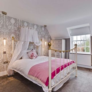 white bedroom with carpet flooring and wallpaper