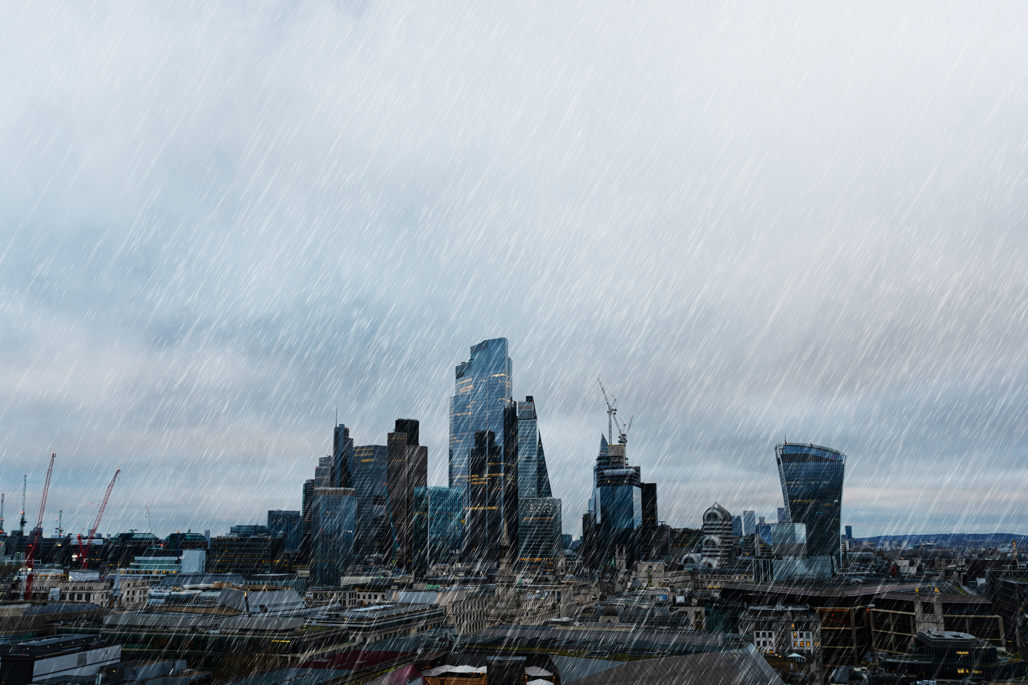 The City of London financial district with rain