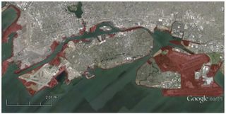Areas that would be inundated (in red) from the SAFRR Tsunami Scenario at Oakland Airport and Alameda in California. Large portions of Bay of Farm Island and Oakland Airport would be flooded.