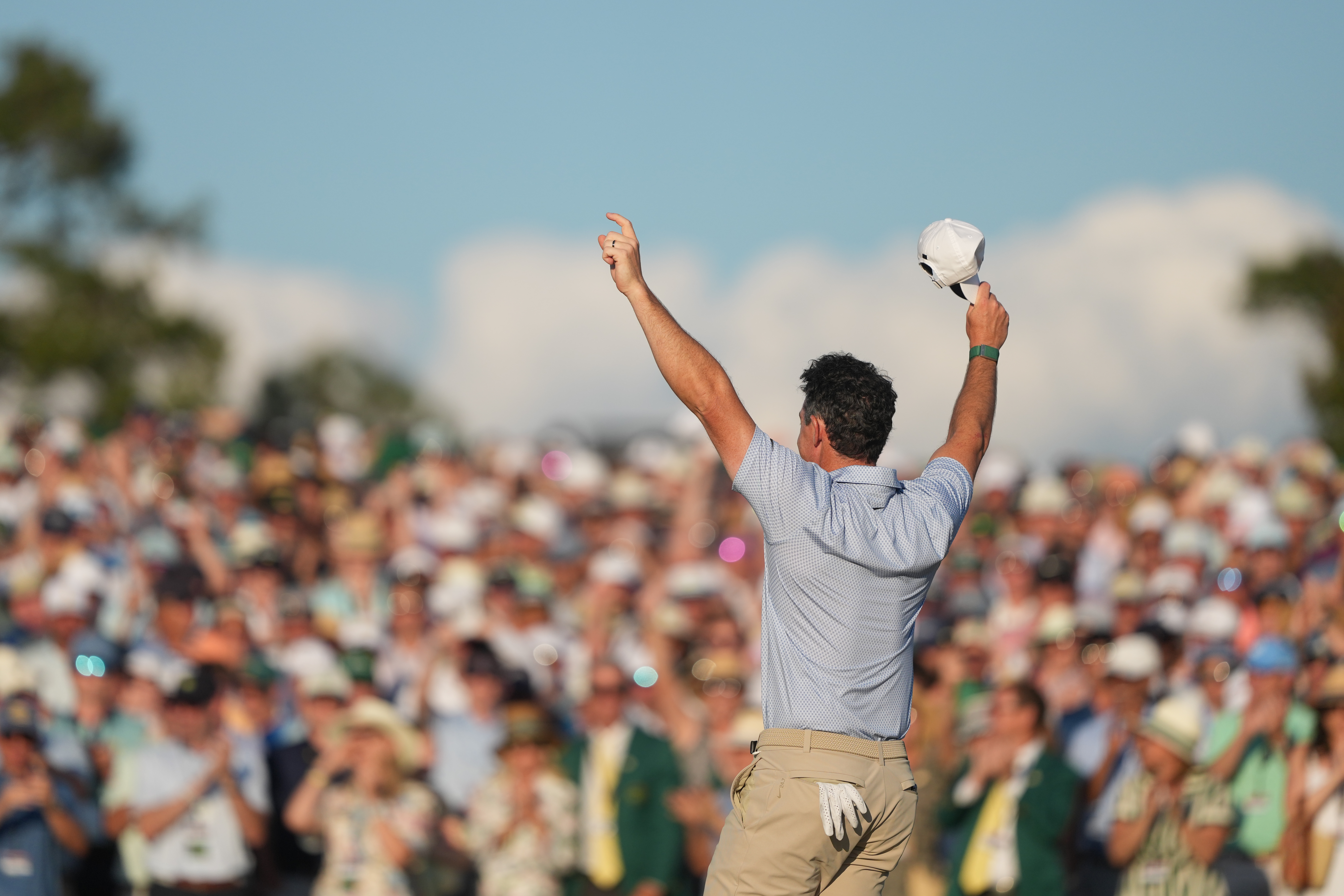 Rory McIlroy reacts on the 18th green during the final round of Masters Tournament at Augusta National Golf Club