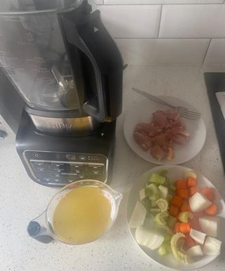 Ninja Cold and Hot Blender with raw chicken, chopped celery, onion and carrot and jug of hot chicken stock