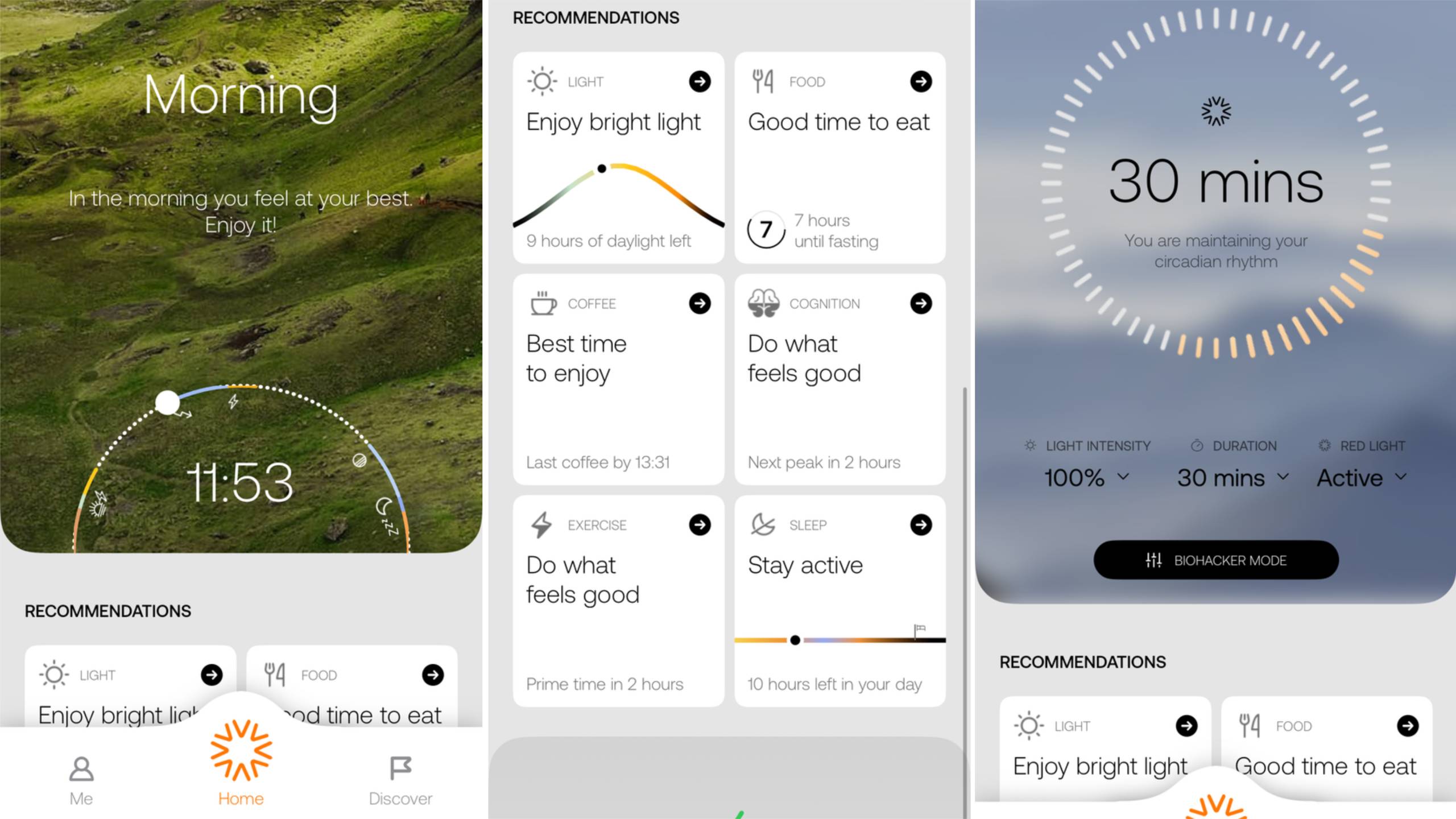Series of screengrabs from the AYO+ Light Therapy Glasses app showing a 30-minute light therapy session