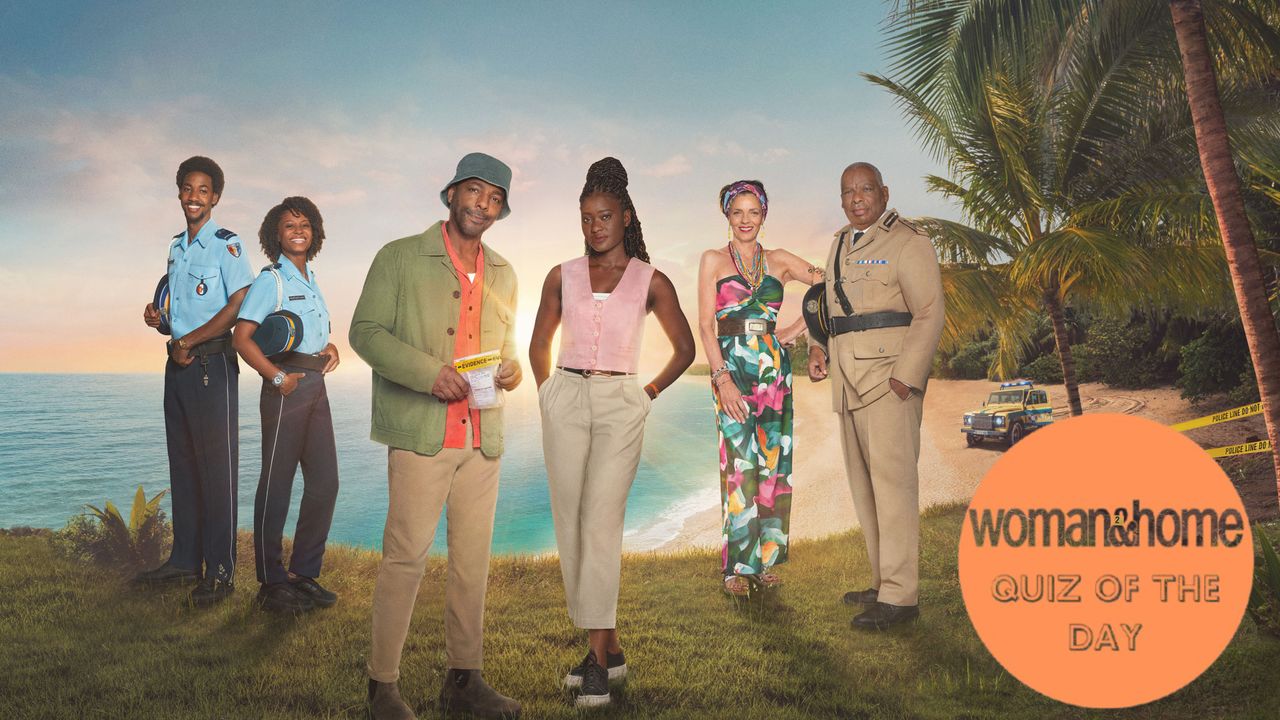 A picture of the cast of Death in Paradise season 15 with a W&amp;H Quiz of the Day roundel over the top