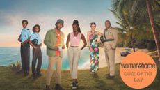 A picture of the cast of Death in Paradise season 15 with a W&H Quiz of the Day roundel over the top