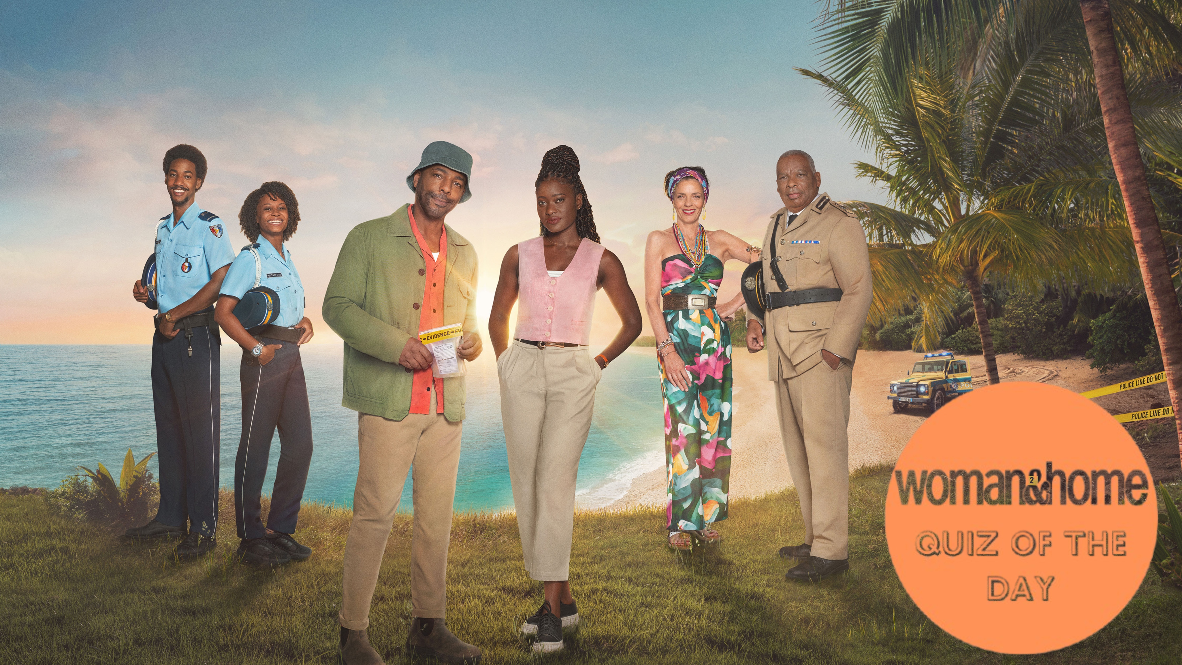 A picture of the cast of Death in Paradise season 15 with a W&amp;H Quiz of the Day roundel over the top