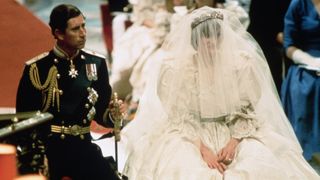 7/29/1981-London, England-ORIGINAL CAPTION READS: Photo of Prince Charles and Lady Diana Spencer, shown seated during their wedding ceremony. BPA2# 6056